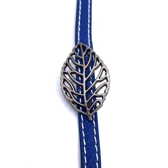 Blue Faux Leather and Silver Boho Leaf Adjustable Snap Closure Bracelet - Picture 4 of 7